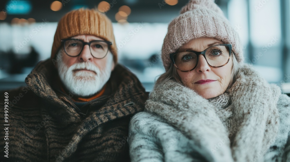 An elderly couple wearing matching knit hats and scarves sits together at an airport, exuding warmth and companionship as they await their journey. An elderly couple wearing matching knit hats and scarves sits together at an airport, exuding warmth and companionship as they await their journey.