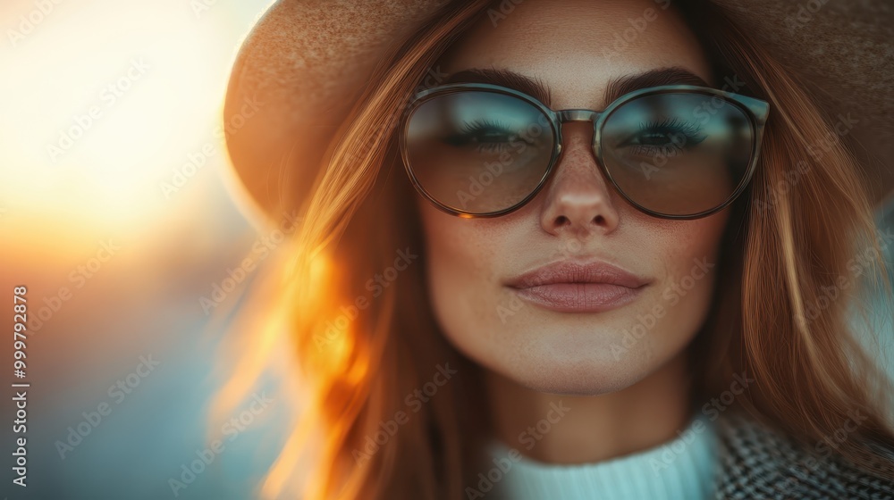 A confident and stylish woman wearing a wide-brimmed hat and oversized sunglasses enjoys the golden glow of sunset, embodying grace and self-assured elegance. A confident and stylish woman wearing a wide-brimmed hat and oversized sunglasses enjoys the golden glow of sunset, embodying grace and self-assured elegance.