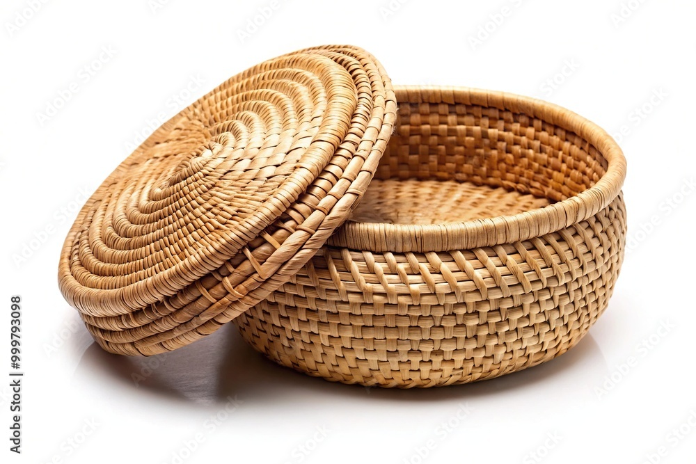 handmade woven basket with open lid on white background handmade woven basket with open lid on white background
