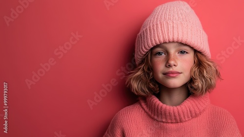 A child dressed in a pink knit hat and sweater poses with rustic charm, exuding youthful innocence and warmth with a serene soft background.