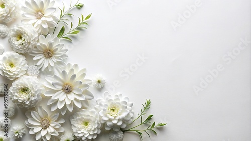 Handmade white flowers on white background, perfect for copy space