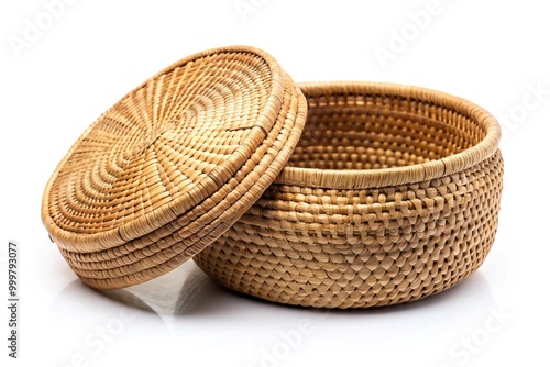 Handmade woven basket with open lid isolated on white background