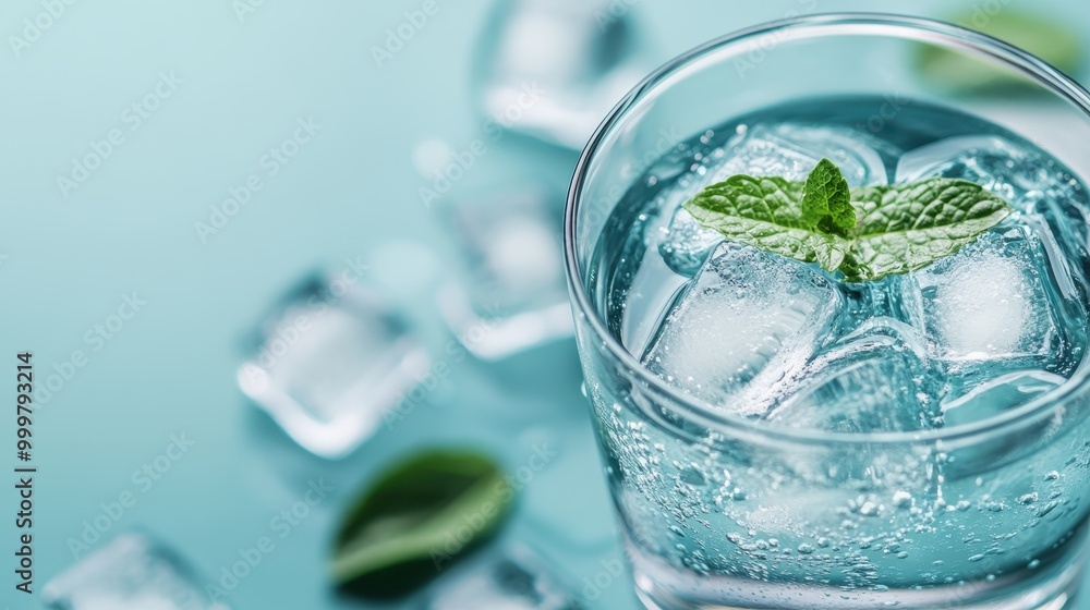 This image captures a glass of sparkling water filled with ice cubes and garnished with fresh mint leaves, creating a refreshing and visually pleasing composition on a blue backdrop. This image captures a glass of sparkling water filled with ice cubes and garnished with fresh mint leaves, creating a refreshing and visually pleasing composition on a blue backdrop.