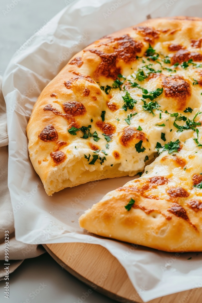 modern take on Khachapuri, The crust is golden and flaky, while the melted cheese is lightly browned. The dish is set against a neutral background modern take on Khachapuri, The crust is golden and flaky, while the melted cheese is lightly browned. The dish is set against a neutral background