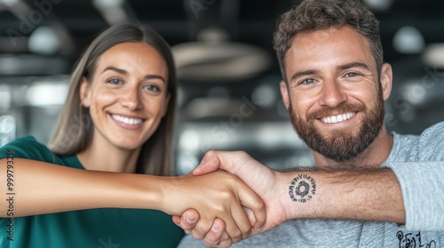 Smiling man and woman shaking hands in an office setting.