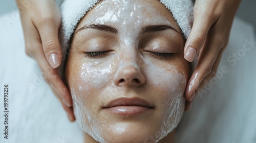 A serene scene showing a woman undergoing a relaxing facial treatment in a spa setting, emphasizing the importance of self-care and rejuvenation practices. photo