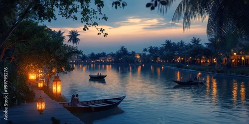 Serene evening scene by a river with boats and lanterns under a twilight sky.
