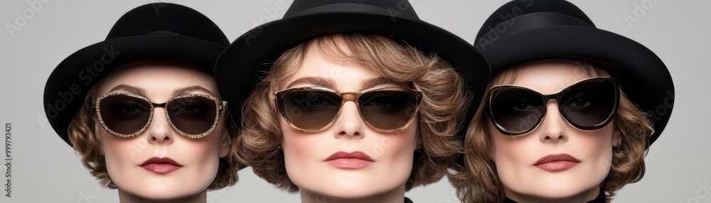 Three women wearing hats and sunglasses look intensely at the camera. Three women wearing hats and sunglasses look intensely at the camera.