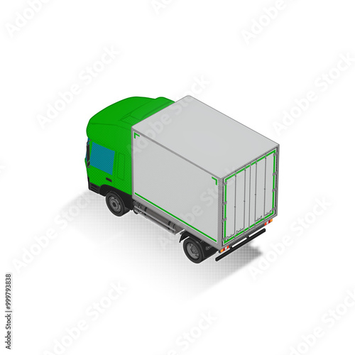 3D Isometric Cargo Truck Half Tone Vector Illustration Modern Green Cabine and White Van City Delivery Vehicle 4x2 Design for Logistics and Transport Presentation Social Media Video Promo Back Left photo