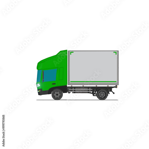 3D Isometric Cargo Truck Half Tone Vector Illustration Modern Green Cabine and White Van City Delivery Vehicle 4x2 Design for Logistics and Transport Presentation Social Media Video Promo Left photo