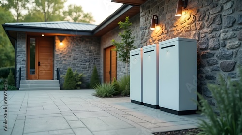 Concept of a home battery packs alternative electric energy storage system at modern home garage wall as backup or sustainable energy concepts. house power industry of renewable electricity equipment photo