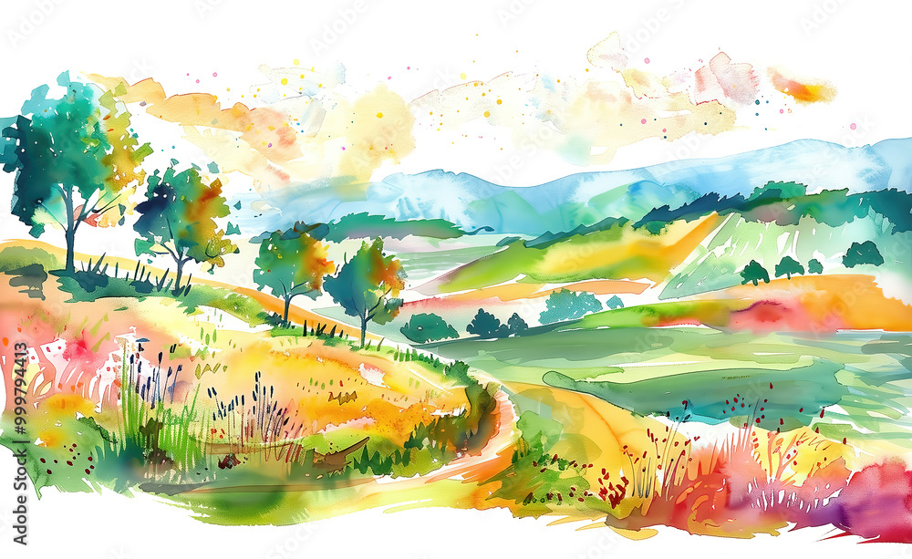 Watercolor summer idyllic landscape, fields and meadows full of flowers, children story book style illustration. Watercolor summer idyllic landscape, fields and meadows full of flowers, children story book style illustration.