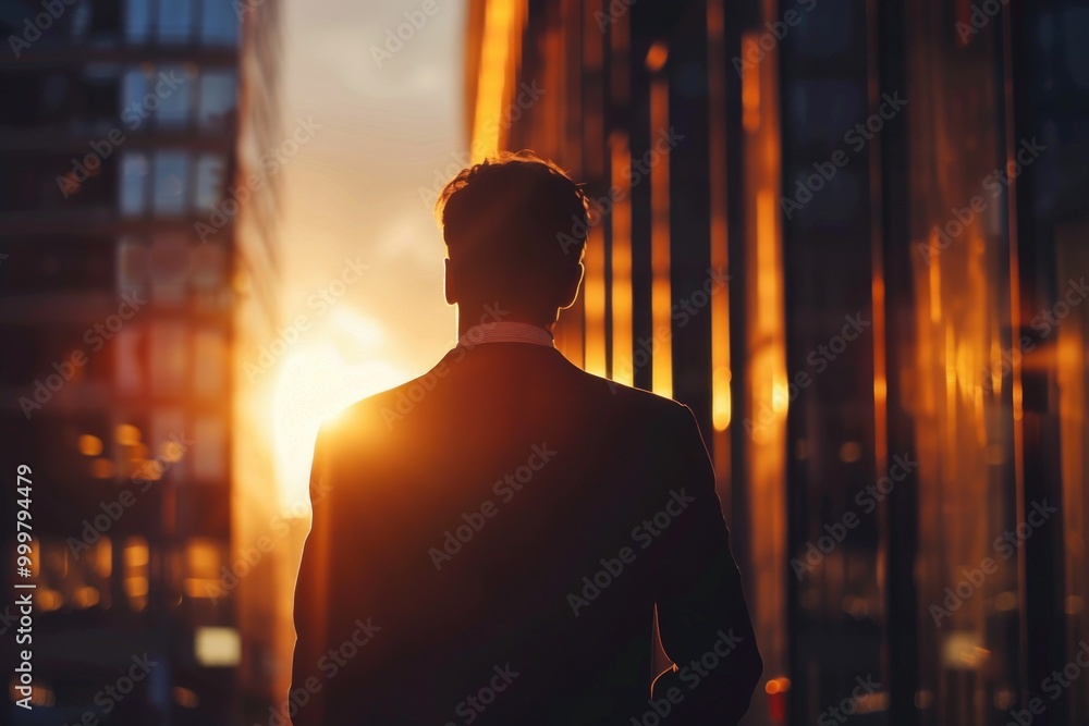 A businessman stands outside a modern skyscraper, dressed in formal attire A businessman stands outside a modern skyscraper, dressed in formal attire