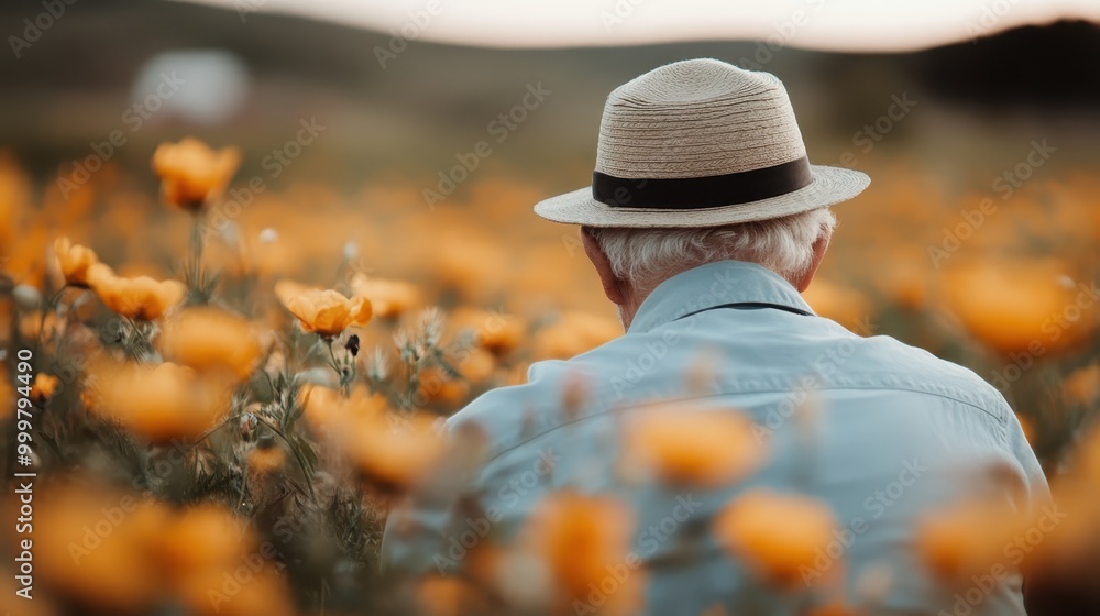 A serene back view photograph of an elderly person wearing a casual hat, surrounded by a vibrant field of orange flowers in full bloom. Captures the essence of peaceful living. A serene back view photograph of an elderly person wearing a casual hat, surrounded by a vibrant field of orange flowers in full bloom. Captures the essence of peaceful living.