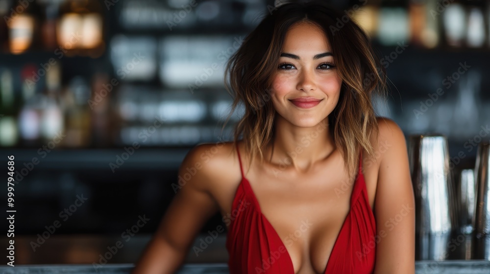 A woman with wavy hair and a warm smile wears a deep red dress, her friendly expression and relaxed demeanor inviting and engaging against the lively bar backdrop. A woman with wavy hair and a warm smile wears a deep red dress, her friendly expression and relaxed demeanor inviting and engaging against the lively bar backdrop.
