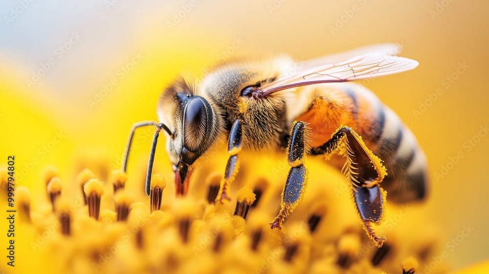 A detailed close-up image of a bee meticulously pollinating a sunflower, showcasing the intricate details of the bee's body and the vivid yellow of the sunflower petals. A detailed close-up image of a bee meticulously pollinating a sunflower, showcasing the intricate details of the bee's body and the vivid yellow of the sunflower petals.