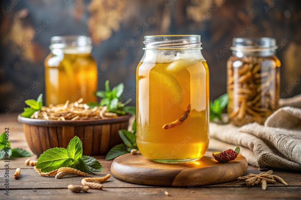 Healthy homemade fermented raw kombucha tea with natural probiotics seen from a low angle Healthy homemade fermented raw kombucha tea with natural probiotics seen from a low angle