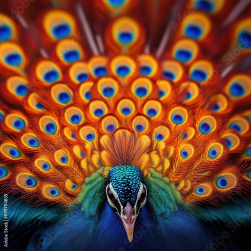 Vibrant Peacock Portrait: Close-Up of Majestic Bird in Full Plumage Glory. photo