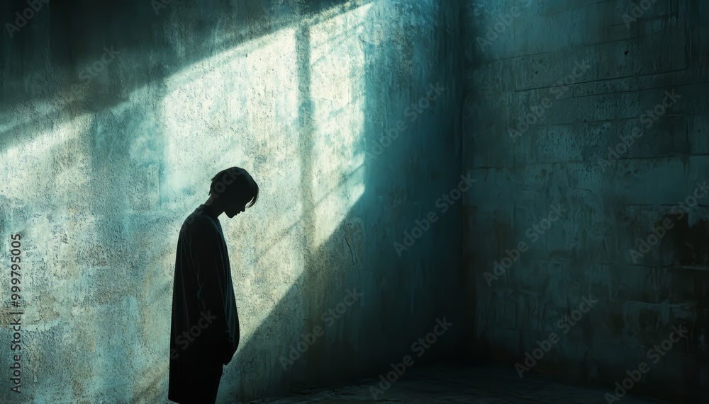 Person Standing in Dark Room with Dramatic Light from Window Person Standing in Dark Room with Dramatic Light from Window