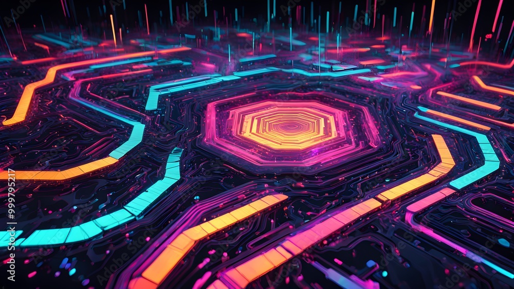 Abstract digital circuit board with glowing neon lines and an octagonal core in the center. Abstract digital circuit board with glowing neon lines and an octagonal core in the center.
