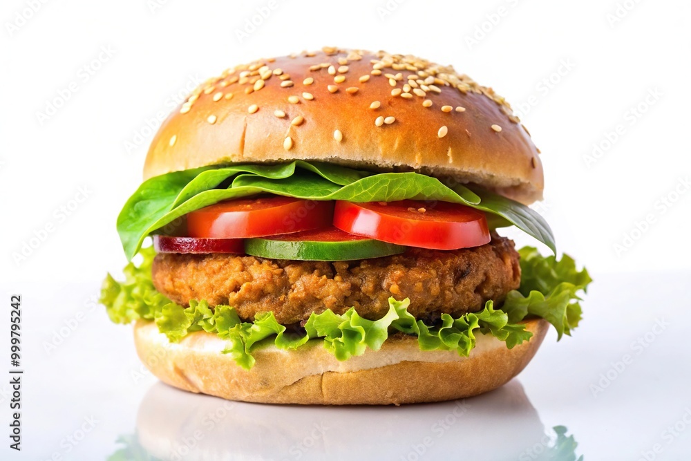 Healthy vegan burger bun on a white background with a low angle view Healthy vegan burger bun on a white background with a low angle view
