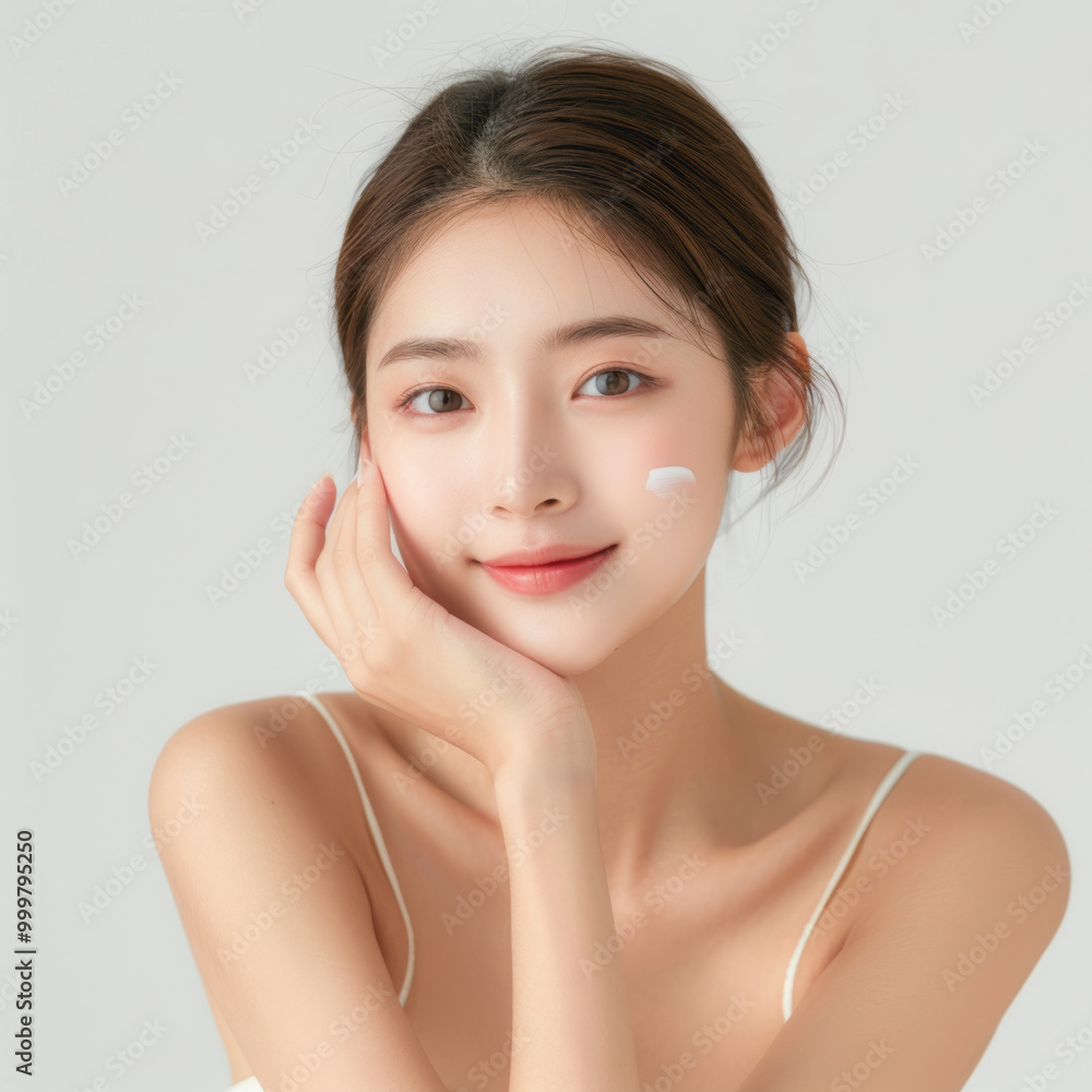 Young beautiful Asian female model touches her cheeks, skincare, healthy skin Young beautiful Asian female model touches her cheeks, skincare, healthy skin