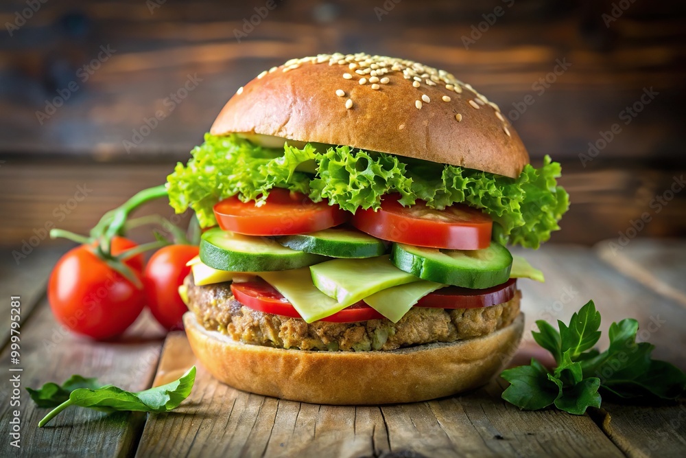 Healthy vegan burger with avocado, lettuce, tomato, and sesame seeds on a blurred background Healthy vegan burger with avocado, lettuce, tomato, and sesame seeds on a blurred background