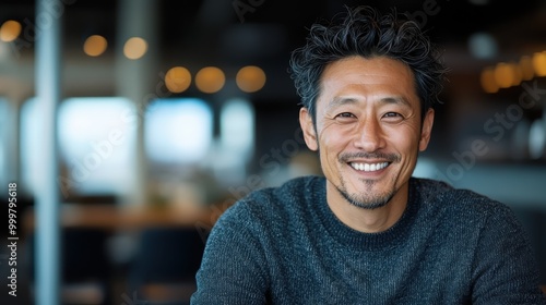 A cheerful man with a bright smile sits at a cafe table, his positive demeanor complemented by the warm, inviting lighting of the cafe's friendly atmosphere.