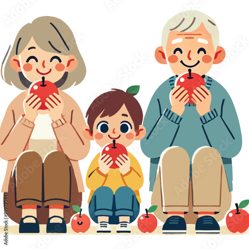 flat illustration of a happy family enjoying an apple together