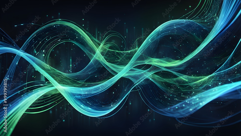 Fototapeta premium Abstract blue and green wave pattern with glowing lights on a dark background.
