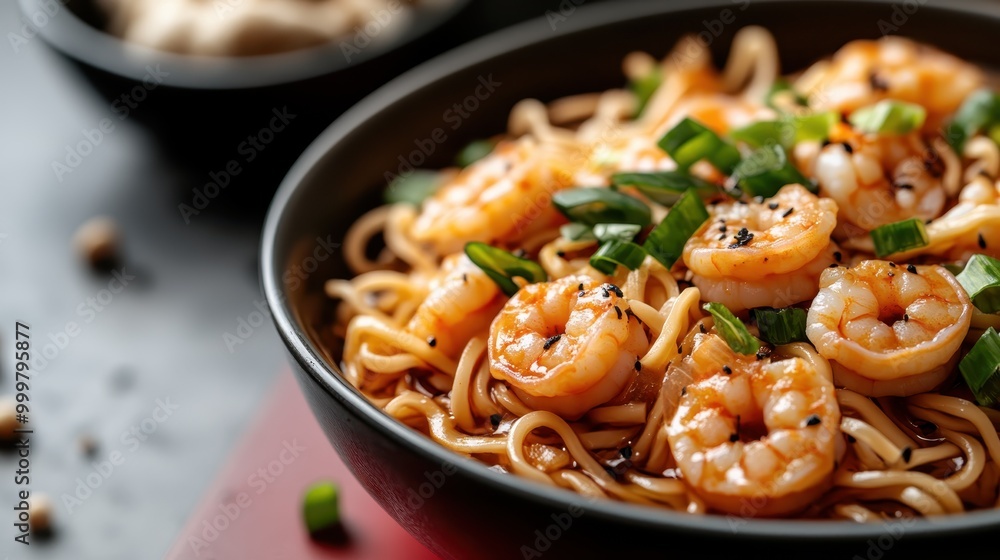 A delicious plate of shrimp noodles garnished with green onions and sesame seeds. This appetizing dish is beautifully presented, perfect for a tasty meal. A delicious plate of shrimp noodles garnished with green onions and sesame seeds. This appetizing dish is beautifully presented, perfect for a tasty meal.