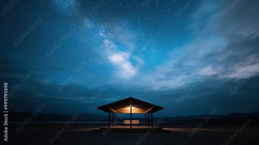 An illuminated structure sits in the middle of a desert under a starry night sky, creating a beautiful juxtaposition of human-made light and natural celestial beauty. An illuminated structure sits in the middle of a desert under a starry night sky, creating a beautiful juxtaposition of human-made light and natural celestial beauty.