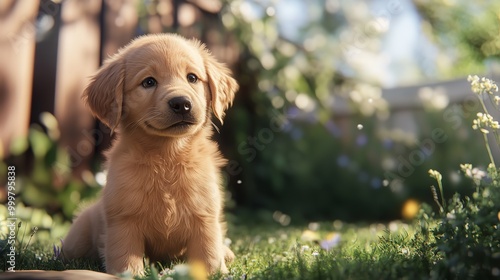 A close-up portrait of a Golden Retriever with a soft focus background in a sunlit garden.