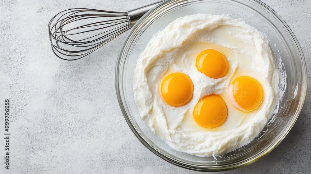 A bowl containing four raw egg yolks placed on top of a thick, creamy white mixture, with a metal whisk resting beside it, perfect for baking or cooking content. A bowl containing four raw egg yolks placed on top of a thick, creamy white mixture, with a metal whisk resting beside it, perfect for baking or cooking content.
