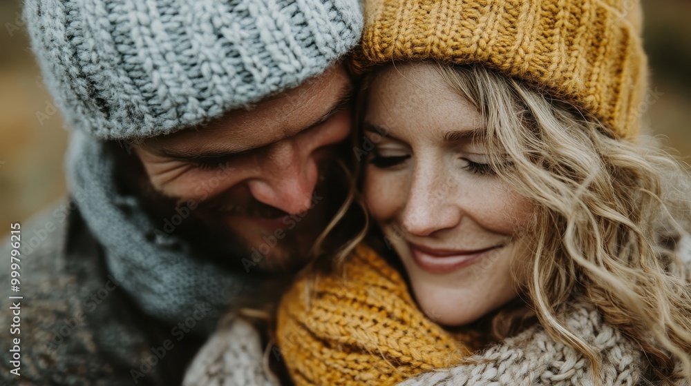 A couple in warm knitwear, smiling and embracing each other closely amidst nature, conveying love and coziness in a serene winter setting. A couple in warm knitwear, smiling and embracing each other closely amidst nature, conveying love and coziness in a serene winter setting.