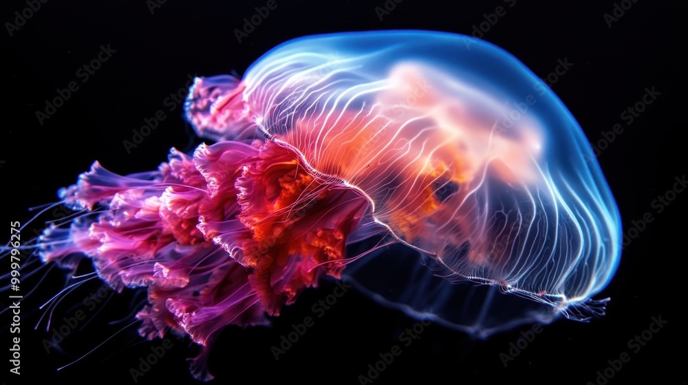 A radiant jellyfish with luminescent tentacles, glowing in the dark deep sea, showcasing the beauty and mystery of underwater marine life in vibrant colors. A radiant jellyfish with luminescent tentacles, glowing in the dark deep sea, showcasing the beauty and mystery of underwater marine life in vibrant colors.
