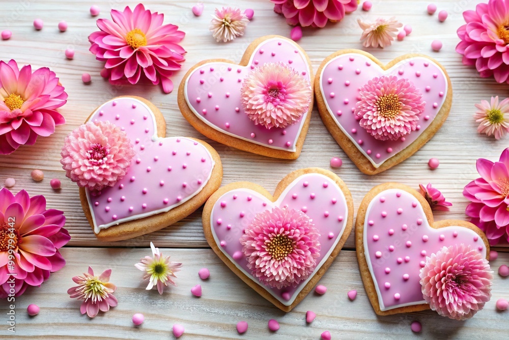 Heart shaped cookies with pink icing, sprinkles, and dahlia flowers decoration Heart shaped cookies with pink icing, sprinkles, and dahlia flowers decoration