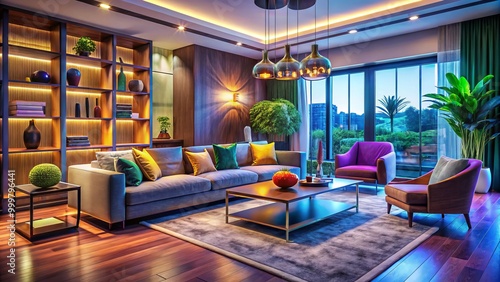 Stylish furniture paired with ambient lighting defines this modern living room, offering a seamless blend of elegance