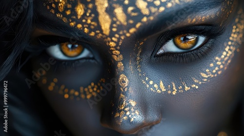 striking face painting portrait blending dark and light complexions intricate hennainspired patterns dramatic closeup of eyes and lips artistic makeup photo