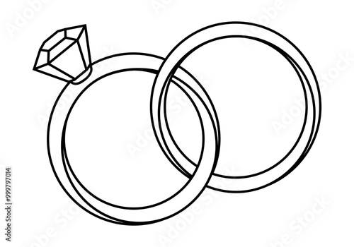 Hand drawn cute outline illustration of wedding rings. Flat vector engagement ring with gemstone sticker in line art doodle. Propose and marriage. Valentine's Day and love concept icon. Isolated.