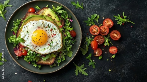 Avocado Toast with Fried Egg and Salad on a Black Background