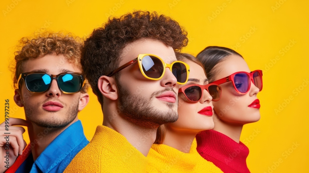 Stylish Friends Wearing Eyewear Against a Vibrant Background Stylish Friends Wearing Eyewear Against a Vibrant Background