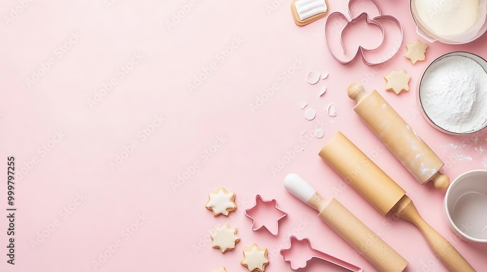 Baking Cookies Flat Lay with Pink Background and Flour Baking Cookies Flat Lay with Pink Background and Flour