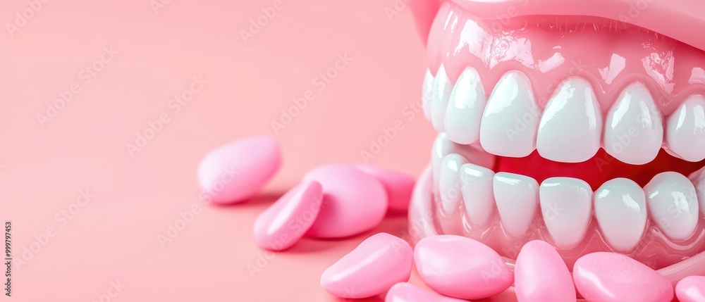 Close-up of a mouth model with bright teeth and pink dental candies on a pink background. Close-up of a mouth model with bright teeth and pink dental candies on a pink background.