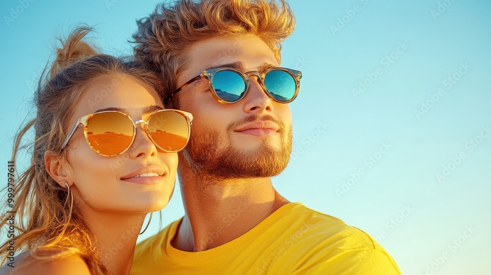 Stylish Couple Wearing Sunglasses Outdoors Stylish Couple Wearing Sunglasses Outdoors