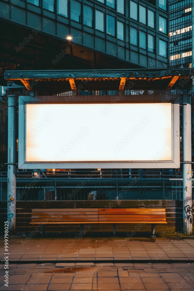 A wooden bench sits in front of a large outdoor billboard, perfect for a city or town scene A wooden bench sits in front of a large outdoor billboard, perfect for a city or town scene
