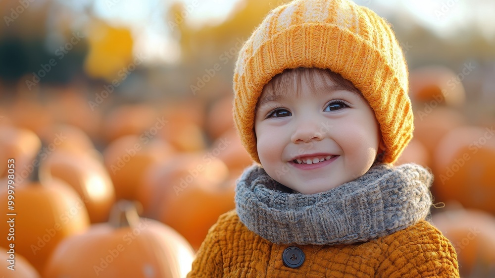Happy Toddler Enjoying a Pumpkin Patch Visit in Autumn Happy Toddler Enjoying a Pumpkin Patch Visit in Autumn