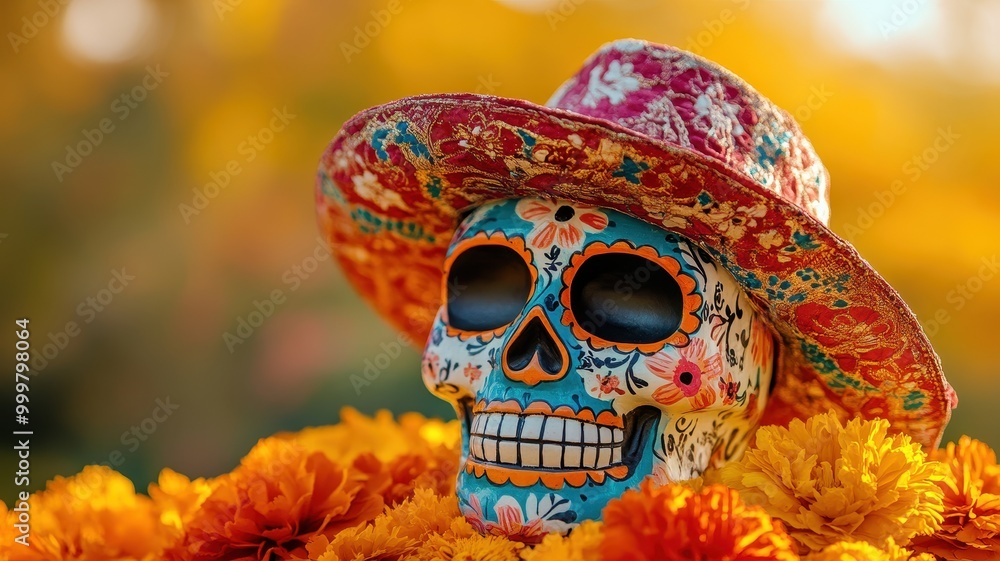 Naklejka premium Decorated Sugar Skull with Red Hat for Dia de los Muertos Celebration. Concept of Mexican tradition, remembrance, and honoring the dead.
