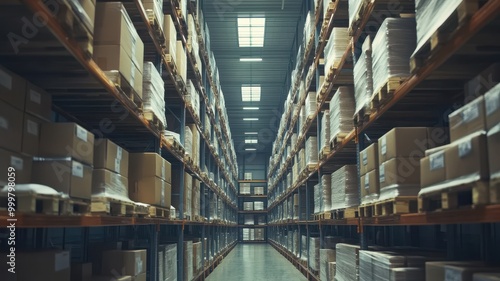 Large Industrial Warehouse Interior with High Racks of Cardboard Boxes