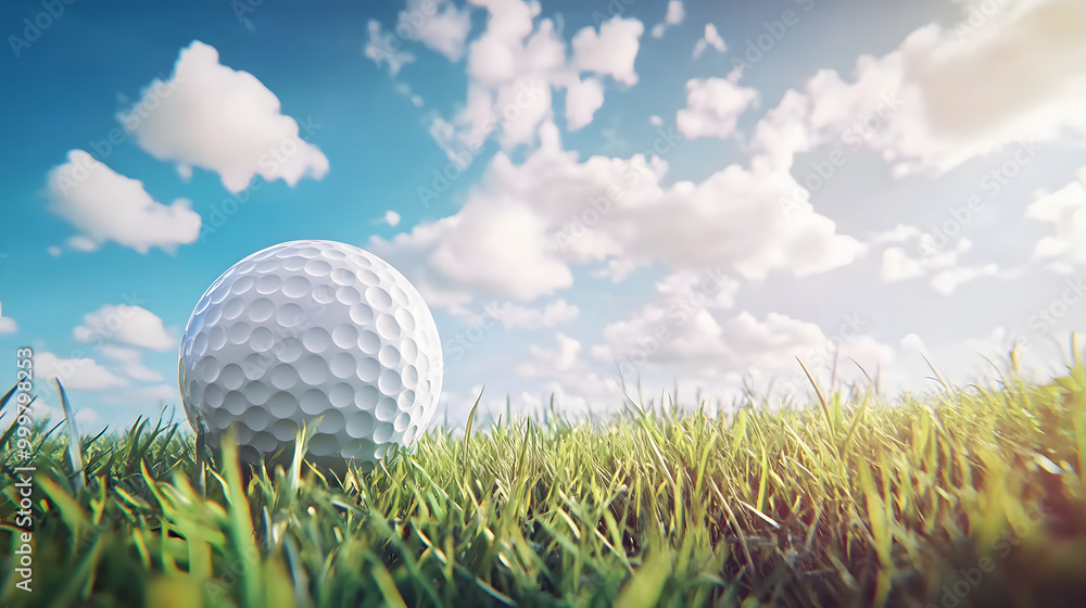 white golf ball sits on green grassy field with blue sky and white clouds in background. white golf ball sits on green grassy field with blue sky and white clouds in background.